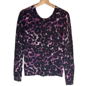 Ann Taylor Leopard Print Button Front Silk-Cashmere Blend Cardigan Sweater, M